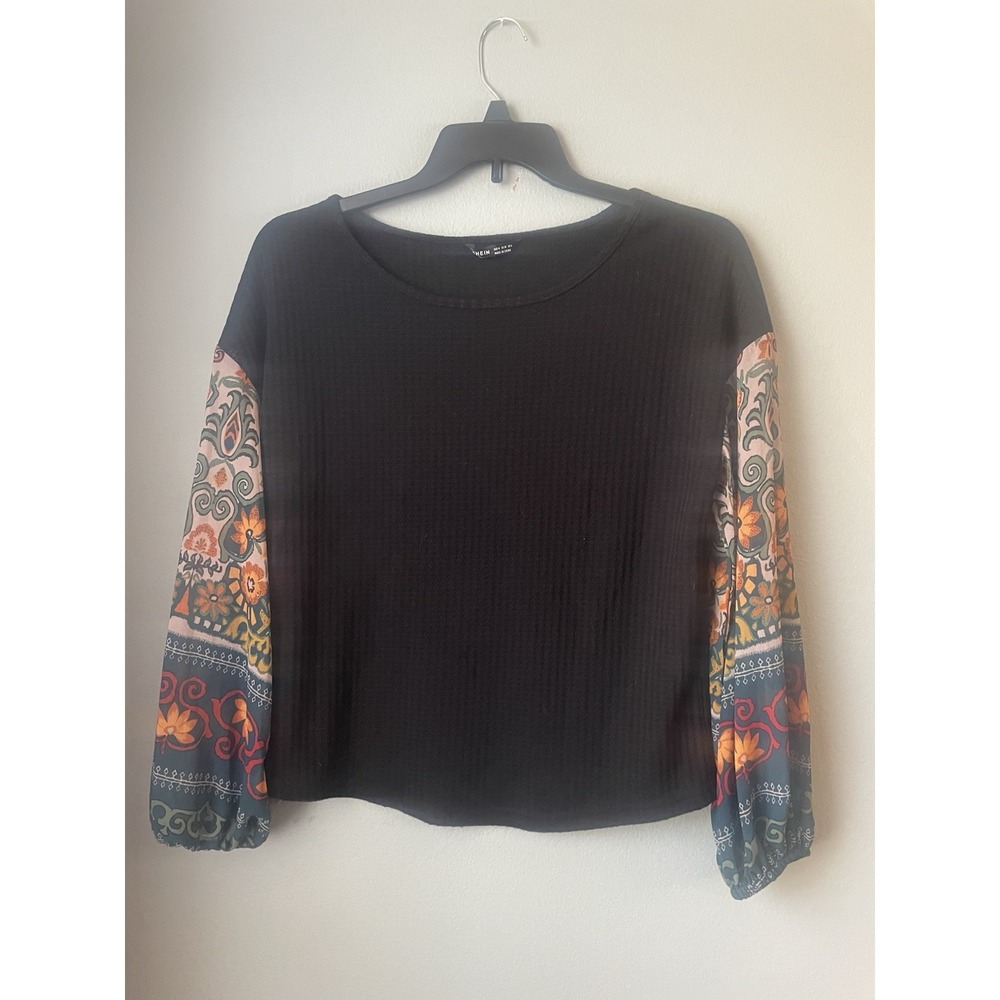Shein Woman's Waffle  Knit Black  Sheer‎ sleeves pullover medium